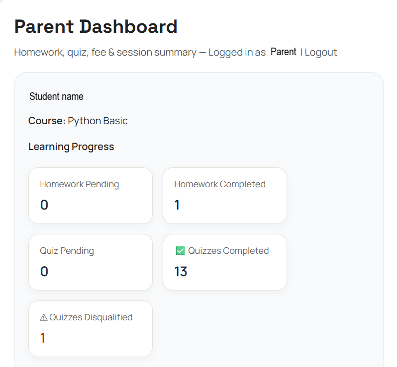 JulesCoding parent dashboard showing student learning progress
