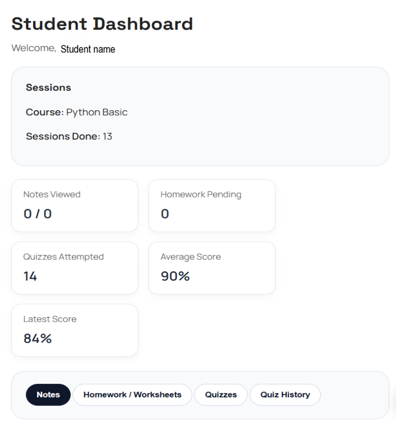 JulesCoding student dashboard showing course and sessions